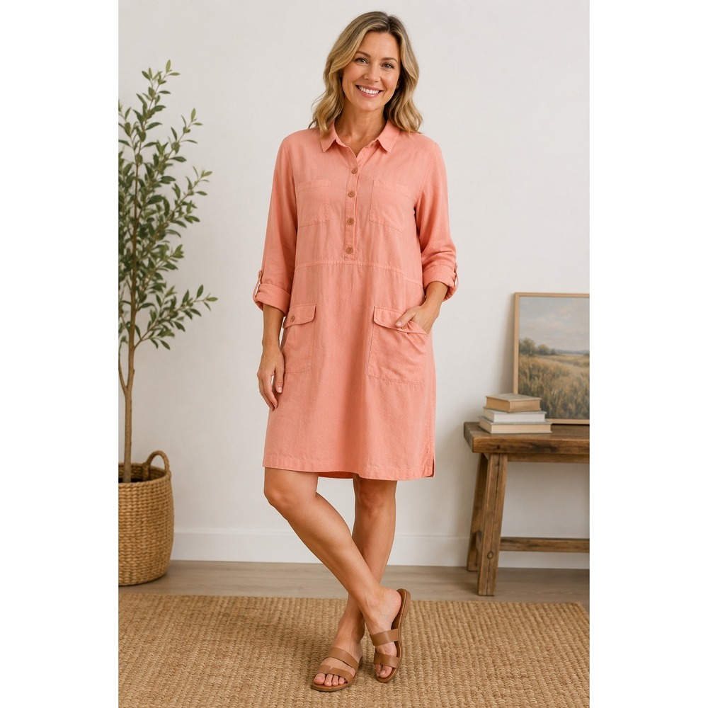 SOFT SURROUNDINGS Kiran Shirt Dress XL Peach Linen Blend Long Sleeve Pockets